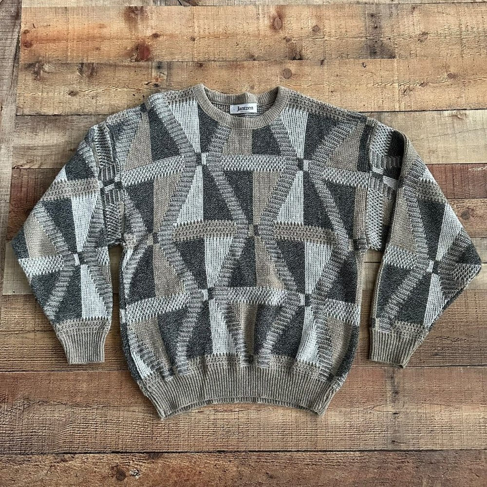 Vintage 90's Jantzen Men's Gray Geometrical Shaped Crew Neck Knit Sweater -L